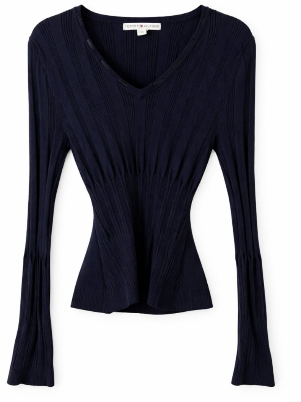 Tommy Hilfiger Navy Ribbed Y2K V-Neck Long Sleeve Top L